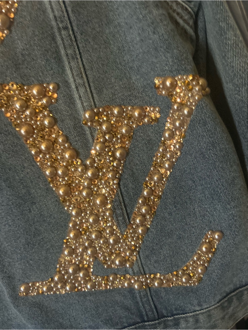 Custom Beaded Blue Denim Jacket with GG, LV and CC Beading. Collar Detachable - Picture 4 of 6